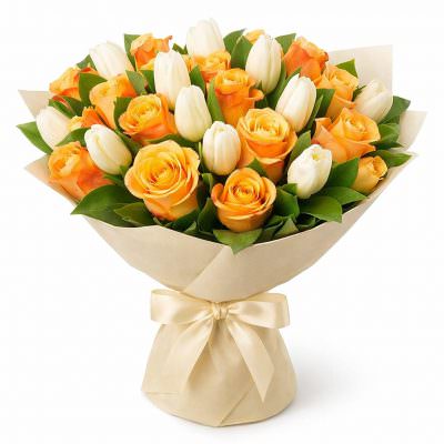 Букет из роз и тюльпанов «Персиковая нежность»