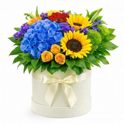 Шикарные цветы в коробке «Солнечное сияние»