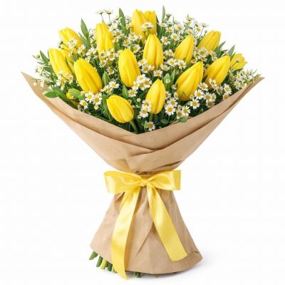 Букет с тюльпанами и ромашками «Солнечное очарование»
