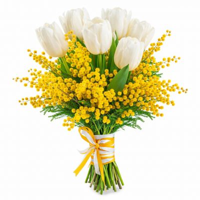 Букет с тюльпанами и мимозой «Цветочный шарм»