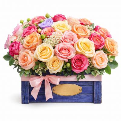 Цветочная композиция в ящике «Солнечный Вальс»