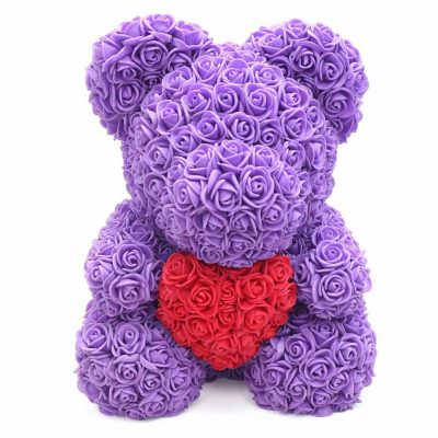 Мишка из роз фиолетовый с красным сердцем (40 см)