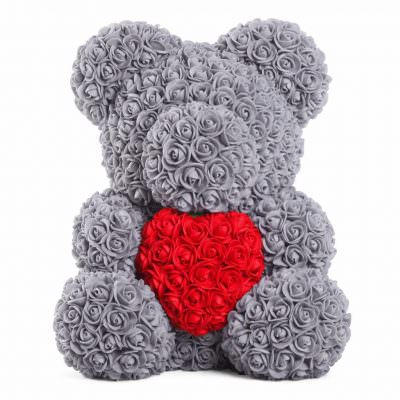 Мишка из роз серый с красным сердцем (40 см)