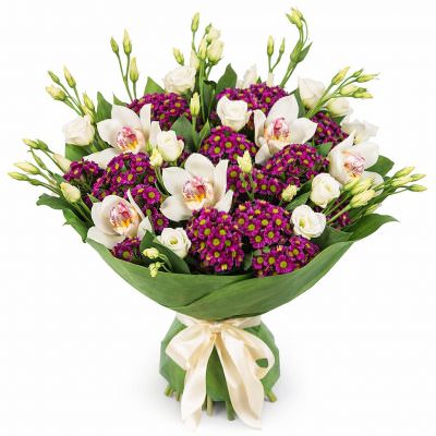 Букет из белых орхидей и эустомы «Орхидейный шарм»