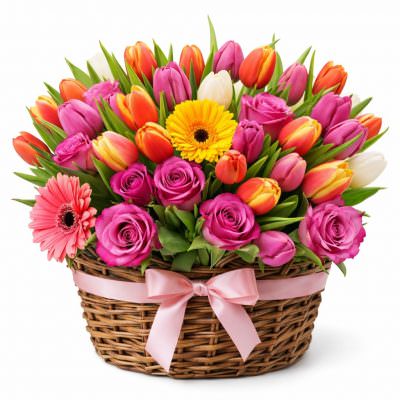 Цветы в корзине живые «Солнечный радуж»